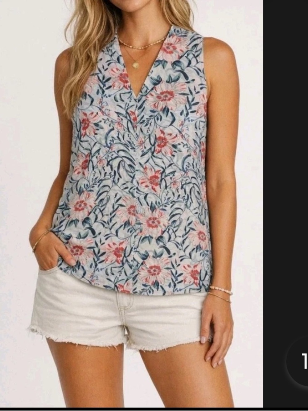 CAbi Stem Blouse Coral Red Green & Navy Floral Sleeveless V-Neck S